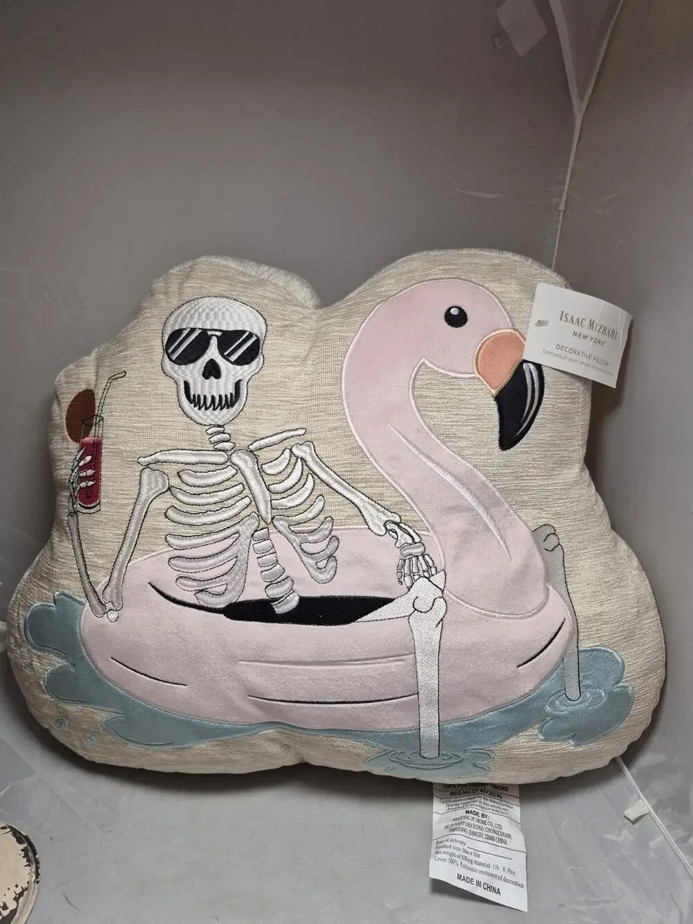 Isaac Mizrahi Summerween Skeleton And Pink Flamingo Decorative Pillow Whimsy